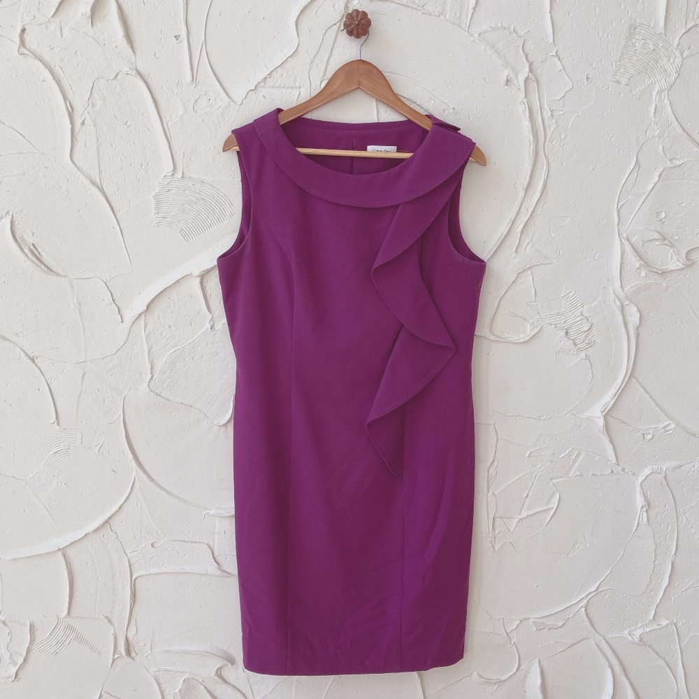 Calvin Klein Orchid Purple Boat Neck Ruffle Sleeveless Sheath Dress - 12